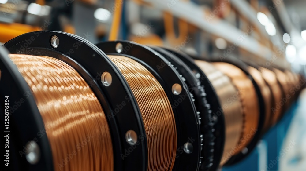 Poster cross-sections of thick electrical cables displayed in a row, with sharp focus on the center