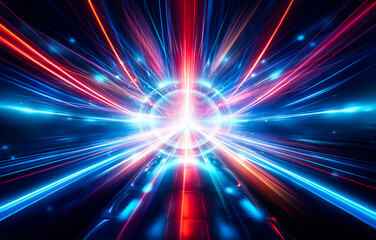 Abstract background with bright, colorful streaks of light radiating outwards from the center, creating an illusion of speed and movement.