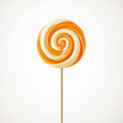 A realistic illustration of an orange and white swirled lollipop with a spiral pattern on a wooden stick, centered against a clean white background with vivid details.