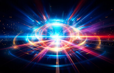 Abstract colorful streaks of light converge in the center, creating a sense of speed and movement.