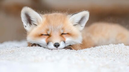 Obraz premium Sleeping fox kit on soft surface, blurry background, for pet, wildlife, nature