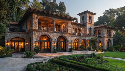 Obraz premium Elegant Stone Mansion Evening Illumination