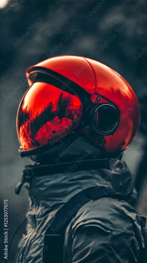 Poster astronaut wearing sleek red-visor spacesuit rotating head, representing advanced space exploration t