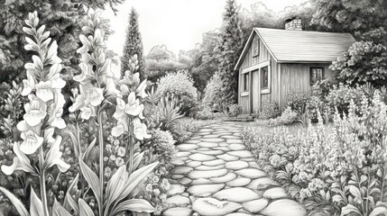 Delicate snapdragons tracing a cobblestone path to a cozy backyard shed, hand-drawn with fine detail