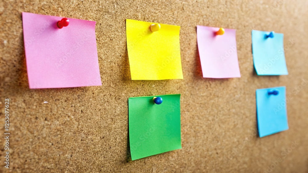 Poster minimalist corkboard with six notes: simple organization concept