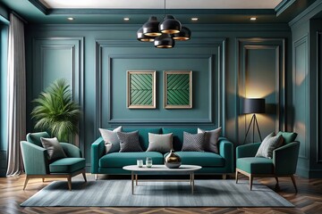 Minimalist Dark Teal Gray Living Room 3D Render Symmetrical Geometric Art Macro