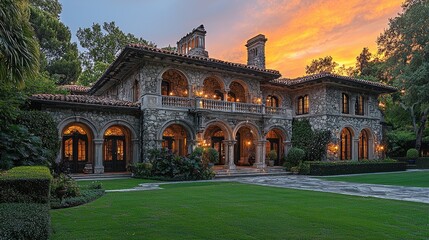 Majestic Stone Mansion at Sunset Golden Hour