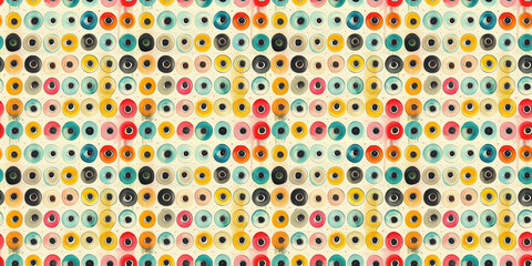 Colorful abstract pattern of circular eye shapes on a beige background