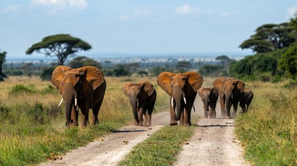 Obraz premium Elephants walking on African savanna road
