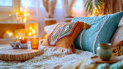 Fototapeta premium Cozy Bohemian Bedroom Decor, Candles, Pillows - Bohemian style
