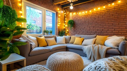 Cozy Brick Loft Living Room with String Lights - Hygge/Cozy Living