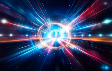 Abstract background with blurred lights and streaks of color creating a sense of speed and motion.