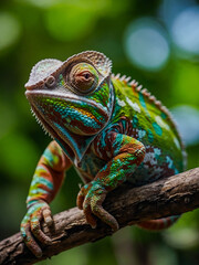 Obraz premium Chameleon on a branch, close-up.