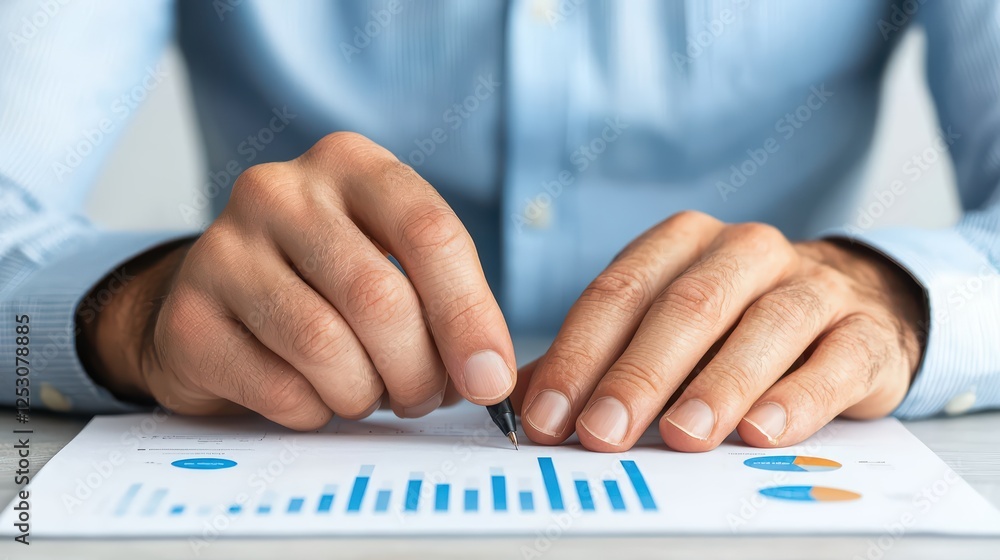 Poster close-up of hands analyzing financial data with graphs and charts