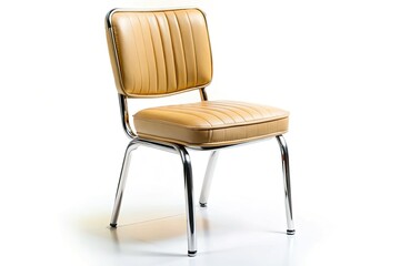 Fototapeta premium A mid-century modern chrome chair, upholstered in beige faux leather, angled at 45 degrees, sits isolated against a clean studio backdrop.