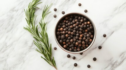 Metal cup overflowing with black peppercorns, placed next to sprigs of rosemary on a marble countertop