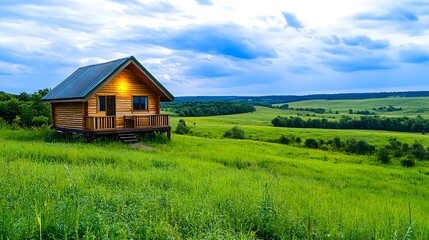 Obraz premium Cozy Cabin in Green Meadow Landscape - Relaxation and wellness