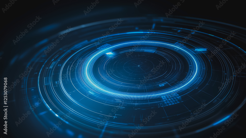 Poster abstract digital interface: glowing blue circular hud elements radiate from a central core, creating