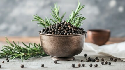 Minimalistic display of dried black peppercorns in a modern metal cup with sprigs of rosemary neatly placed around