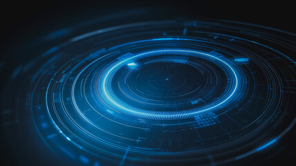 Fototapeta premium Abstract Digital Interface: Glowing blue circular HUD elements radiate from a central core, creating a futuristic and technological abstract background perfect for tech or science themes.