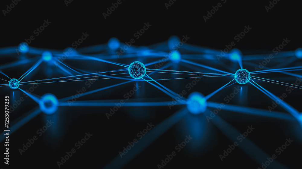 Poster global network connection: abstract digital illustration depicting a network of glowing blue nodes i