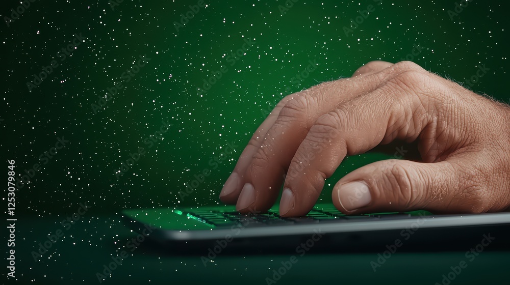 Aufkleber close-up of hand typing on keyboard with green sparkling background