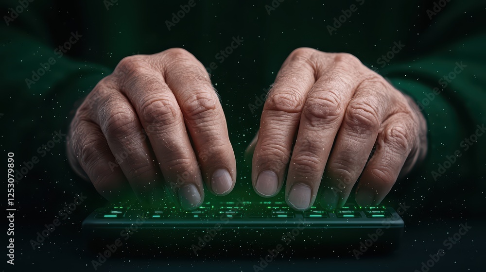Poster hands typing on keyboard with neon glow and dark background