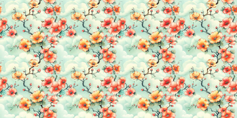 Vibrant floral pattern with orange flowers and blue sky background