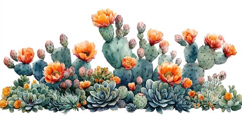 Vibrant cacti with stunning orange flowers in a desert setting.