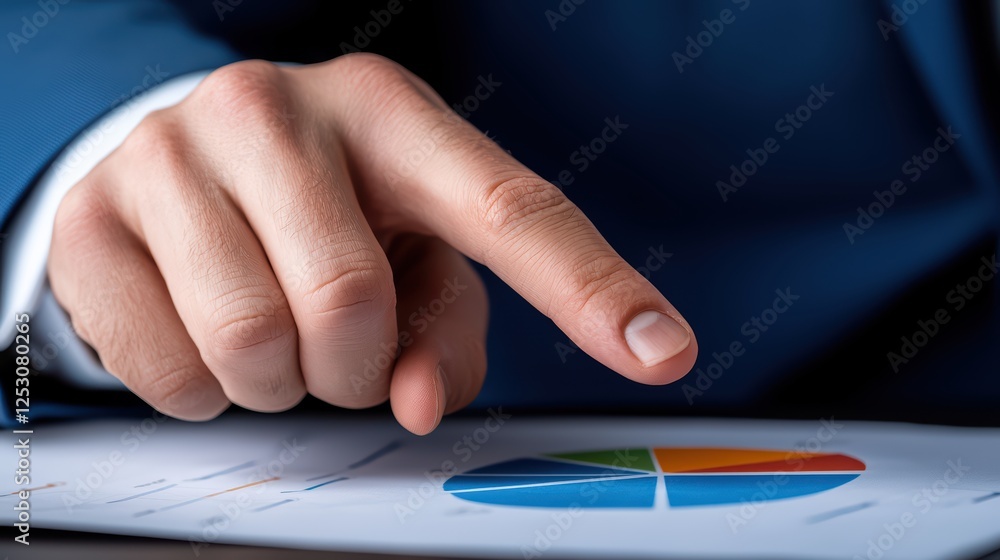 Poster businessman analyzing chart data and insights with focused finger