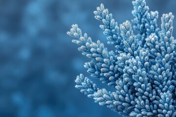 Frost-covered evergreen branch, delicate icy texture, serene winter scene.