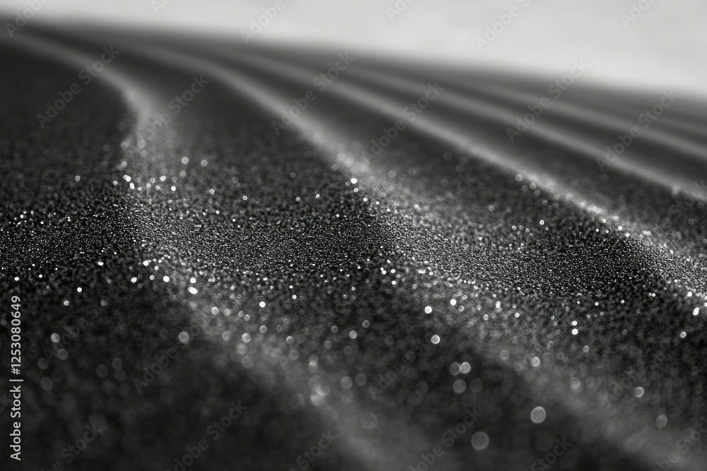 Poster close-up of dew-covered dark sand, creating a textured, wavy pattern.
