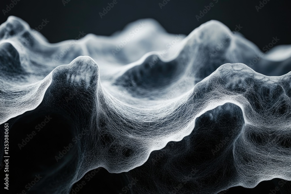 Poster Abstract 3D render of a dark, textured landscape resembling a spiderweb draped over undulating hills.