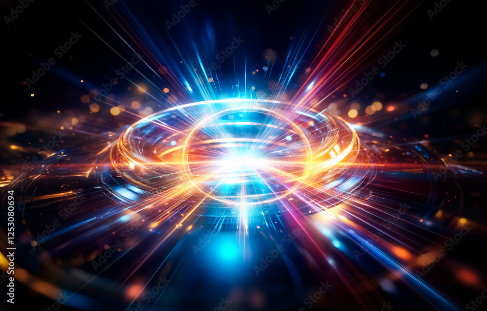 Poster abstract background with radiating lines of blue, orange, and red light.