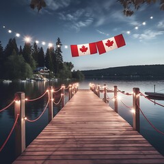 A scenic view of a wooden dock with red and white lanterns hanging from posts, a Canadian flag flying high, and a calm lake in the background, celebrating Canada Day.