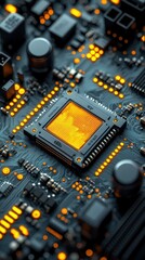 Fototapeta premium Close-Up of Computer Microchip with Glowing Circuit Board Details