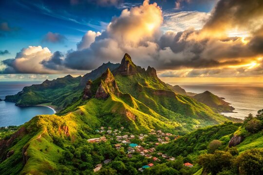 Minimalist Landscape: Temetiu Summit Overlooking Atuona Village, Hiva Oa, Marquesas Islands