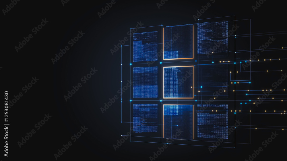 Poster digital grid: a mesmerizing abstract image of a digital grid illuminated by glowing lights, represen