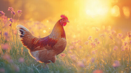 A charming chicken forages for breakfast in the soft morning sunlight, surrounded by a blanket of colorful wildflowers. The tranquil atmosphere radiates warmth and peace