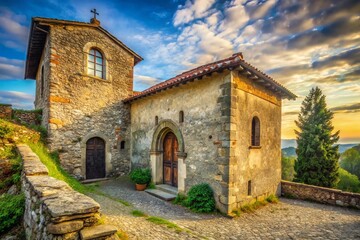 Fototapeta premium Minimalist Medieval Chapel: Grazzano Visconti, Italy - Stone Architecture, Old Church