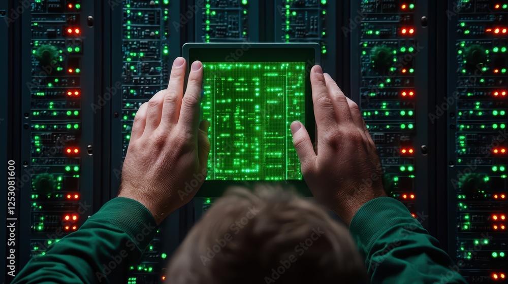 Poster hands operating tablet displaying data in high-tech server room