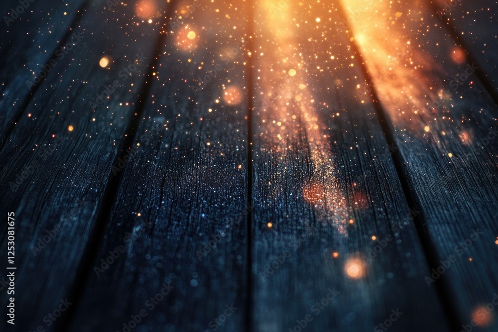 Poster dark wooden planks with golden sparkles and warm light shining from above, creating a magical, festi