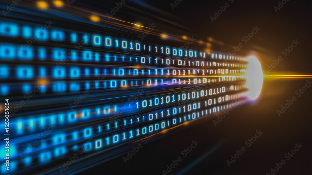 Poster digital stream of data: abstract representation of high-speed data transfer, binary code streaks acr