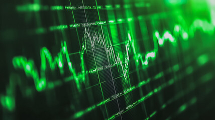 Green Financial Growth: Dynamic green lines on a digital screen graph financial growth, depicting a positive market trend and economic prosperity.