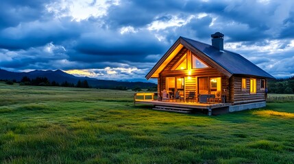Obraz premium Cozy Log Cabin at Dusk, Mountain View - Cozy & Comfortable Homes