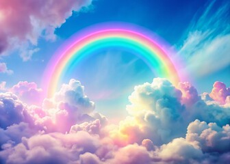 Minimalist Neon Rainbow Arching Through Clouds - Vibrant Pastel Stock Photo