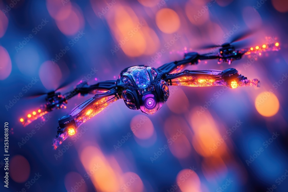 Poster futuristic drone with vibrant glowing lights, flying through a bokeh backdrop.
