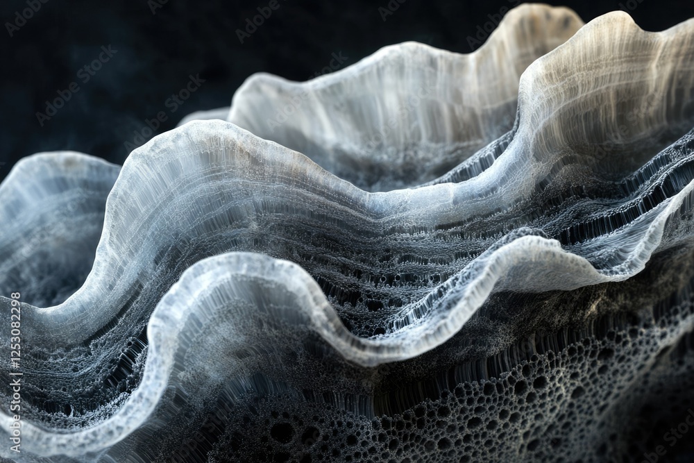 Aufkleber Abstract close-up of a textured, wave-like surface resembling a shell or coral, with intricate details and a grayscale color palette.
