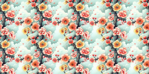 Vibrant cherry blossoms in bloom with gentle clouds and twisting branches