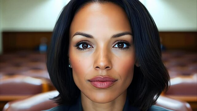 A confident individual in formal attire, seated in a courtroom setting, with an assertive expression and neat hairstyle.